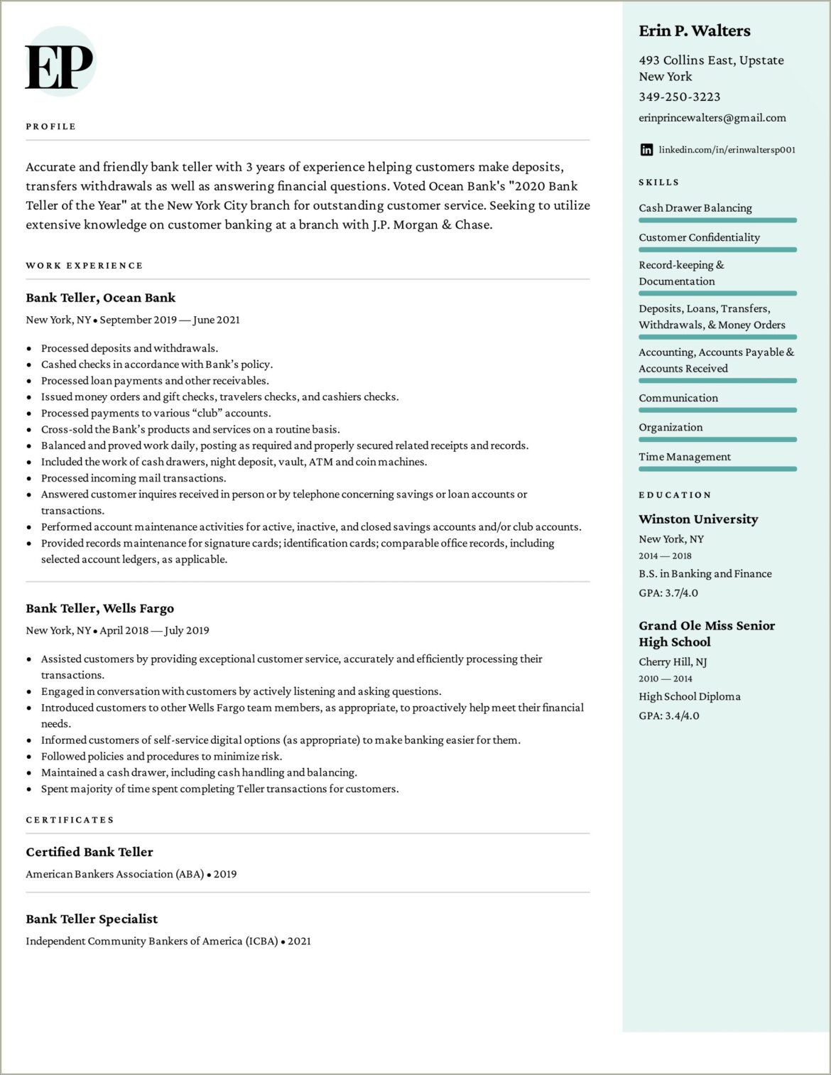 Free Sample Resume For Bank Teller