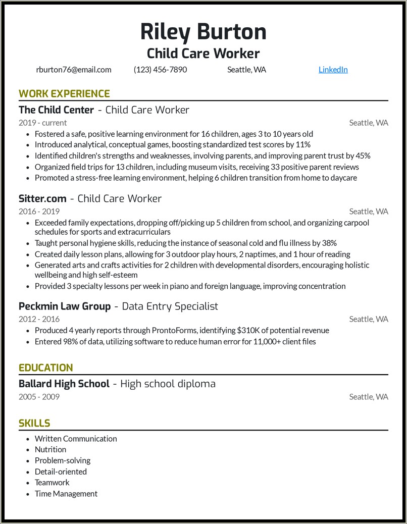 Free Sample Resume For Child Care Provider