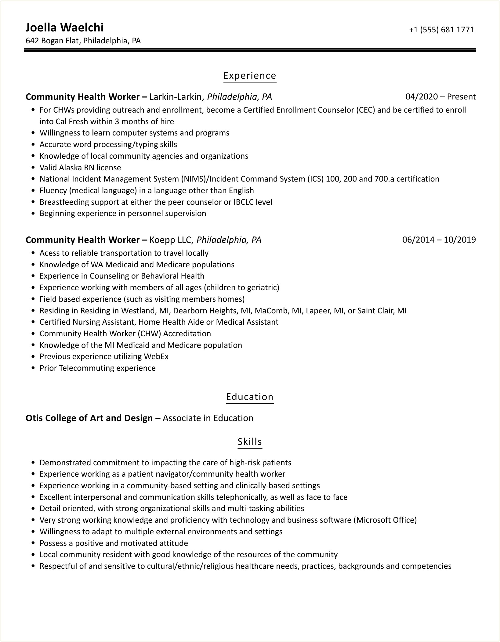 Free Sample Resume For Community Health Worker