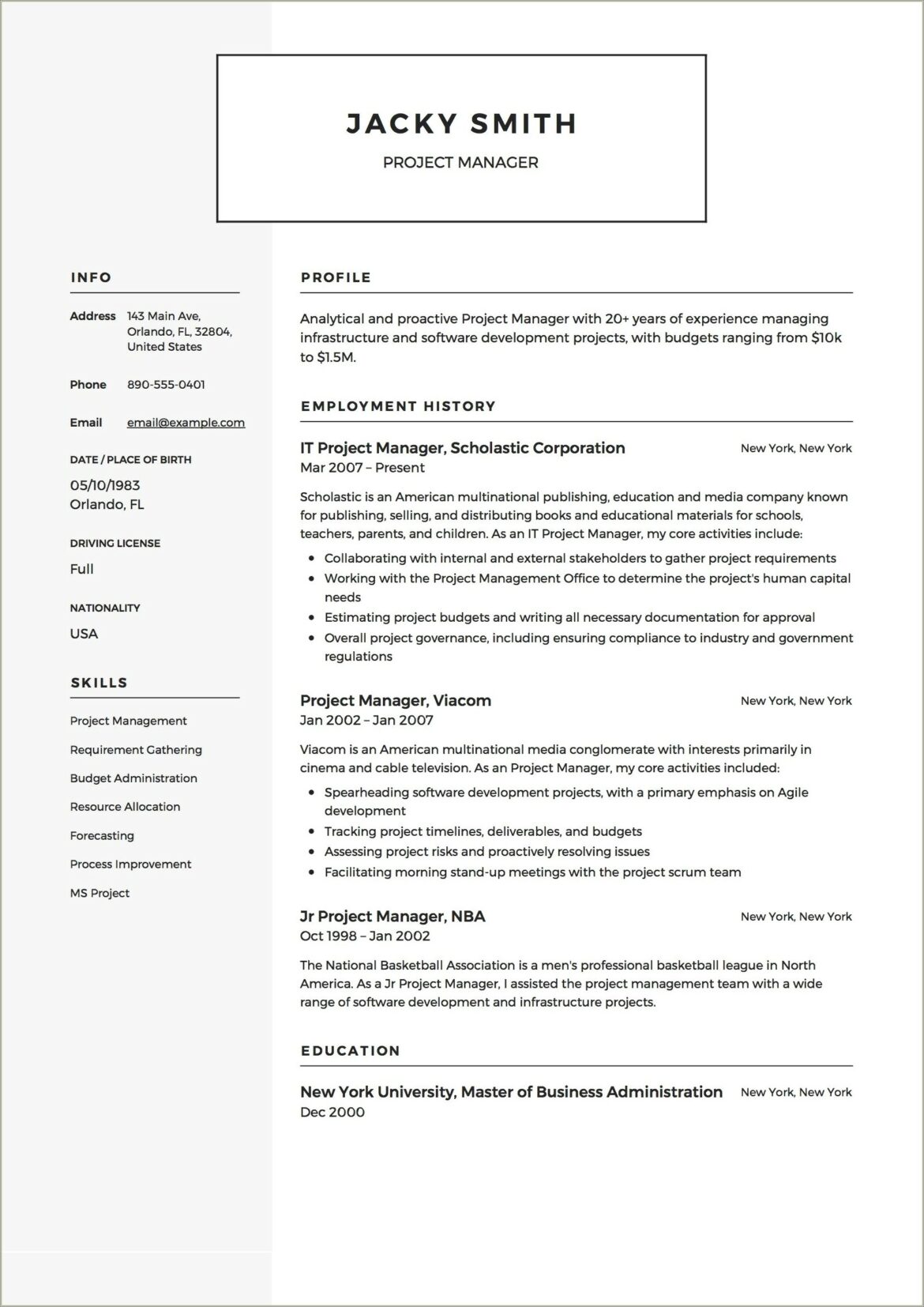 Free Sample Resume For Construction Project Manager