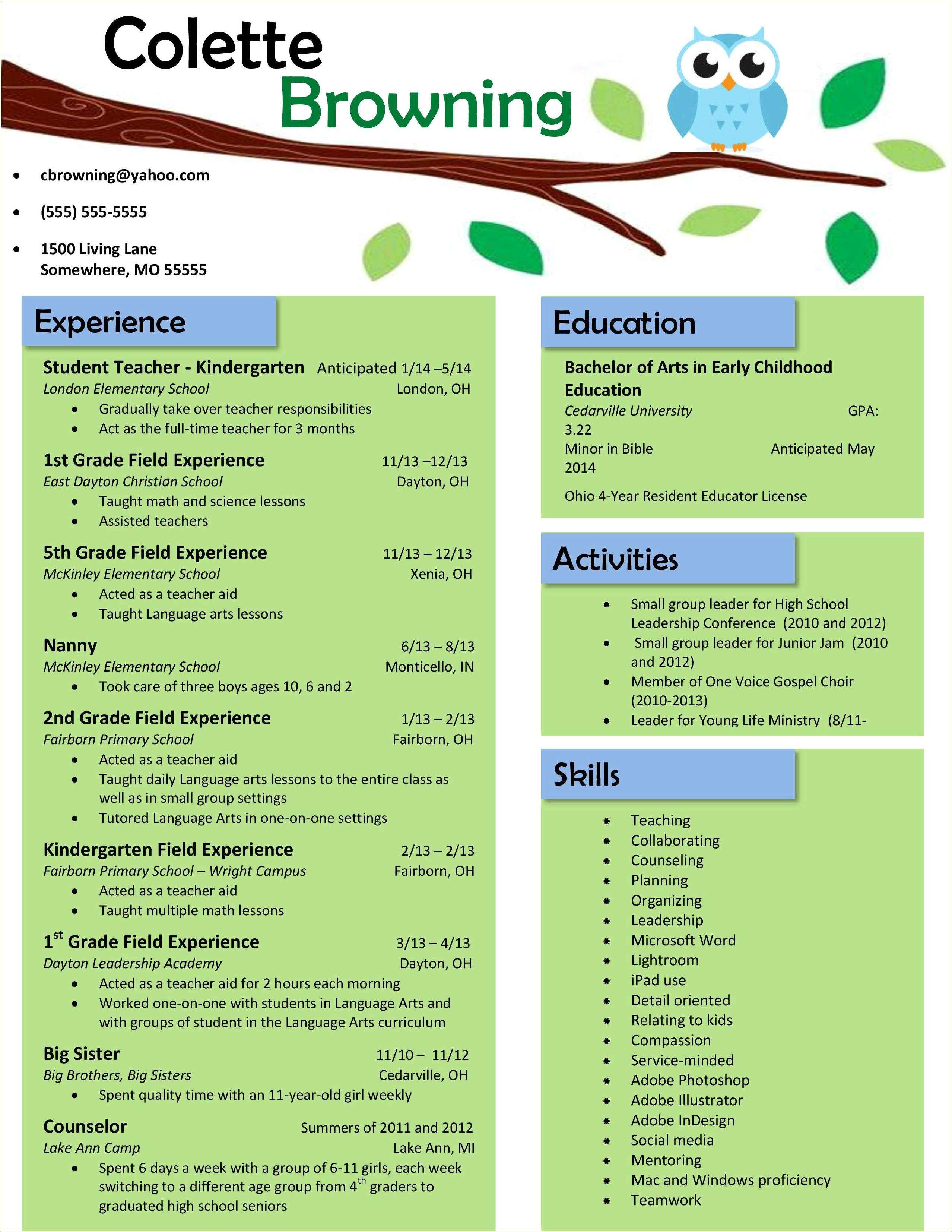 Free Sample Resume For Preschool Teachers