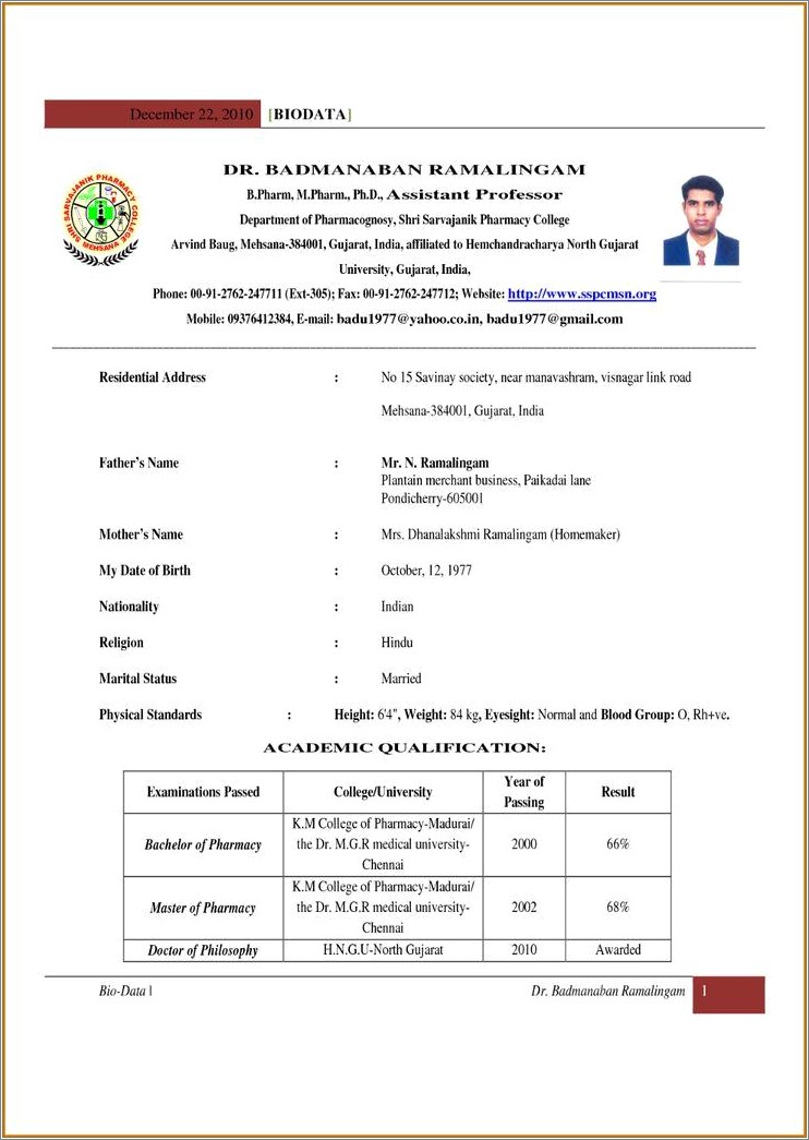 Free Sample Resume For Primary Teachers In India