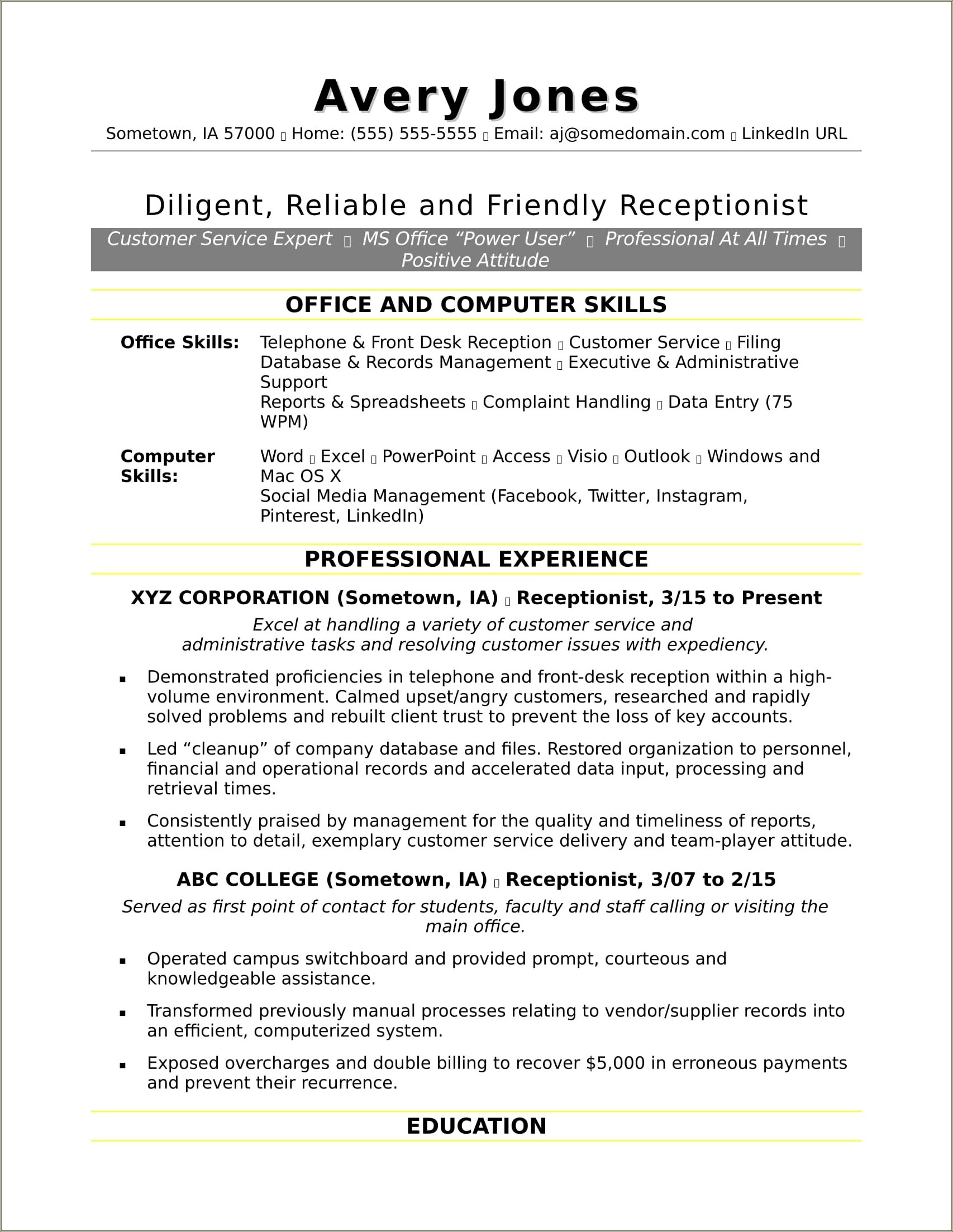Free Sample Resume For Receptionist Position