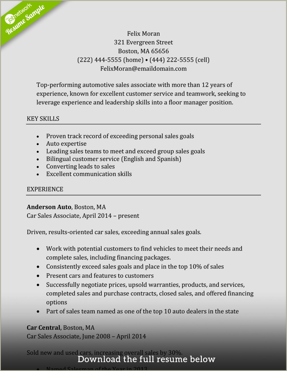 Free Sample Resume For Retail Sales Associate