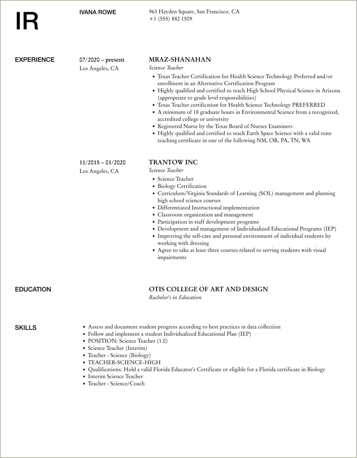 Free Sample Resume For Science Teachers