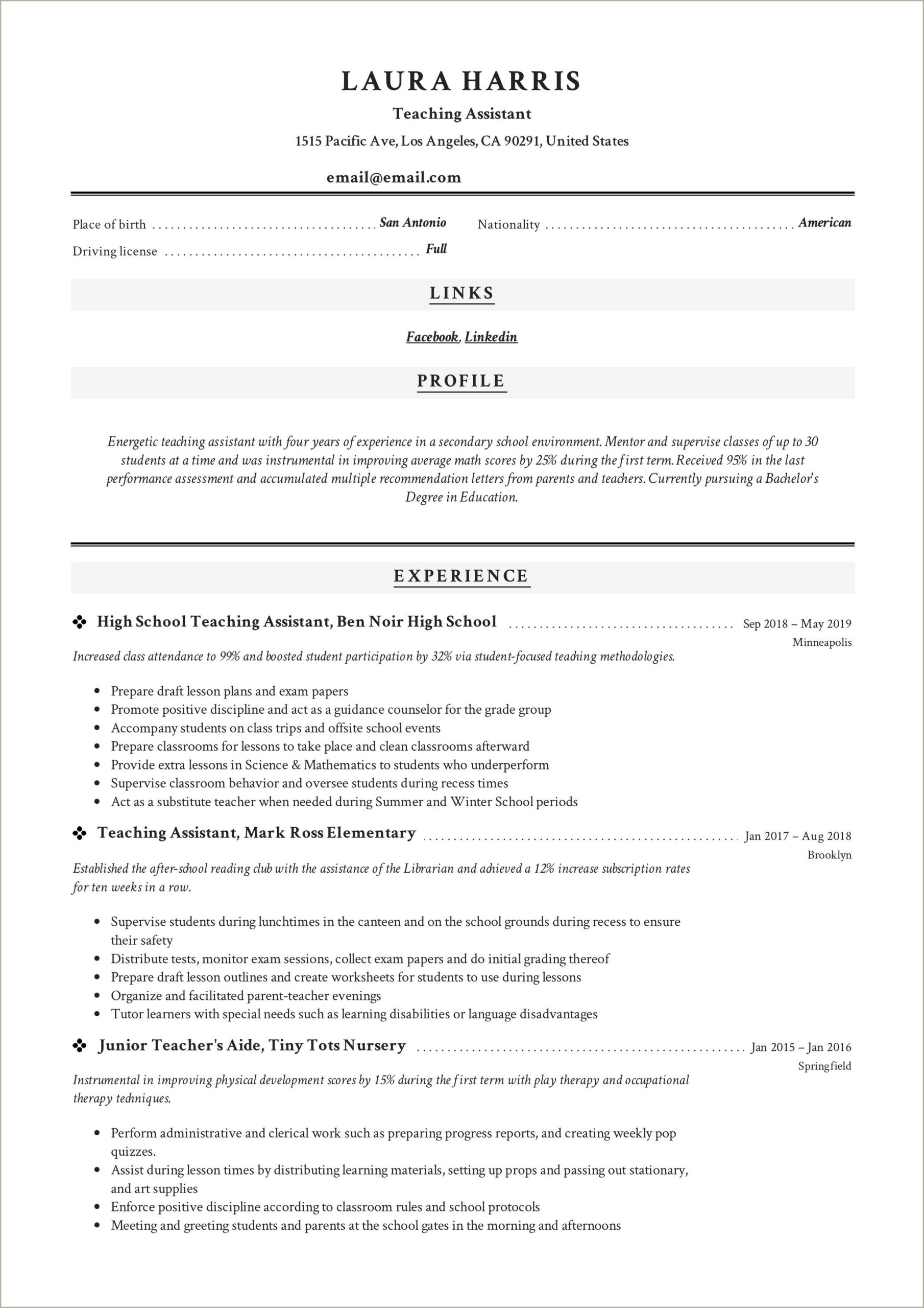 Free Sample Resume For Teacher Assistant
