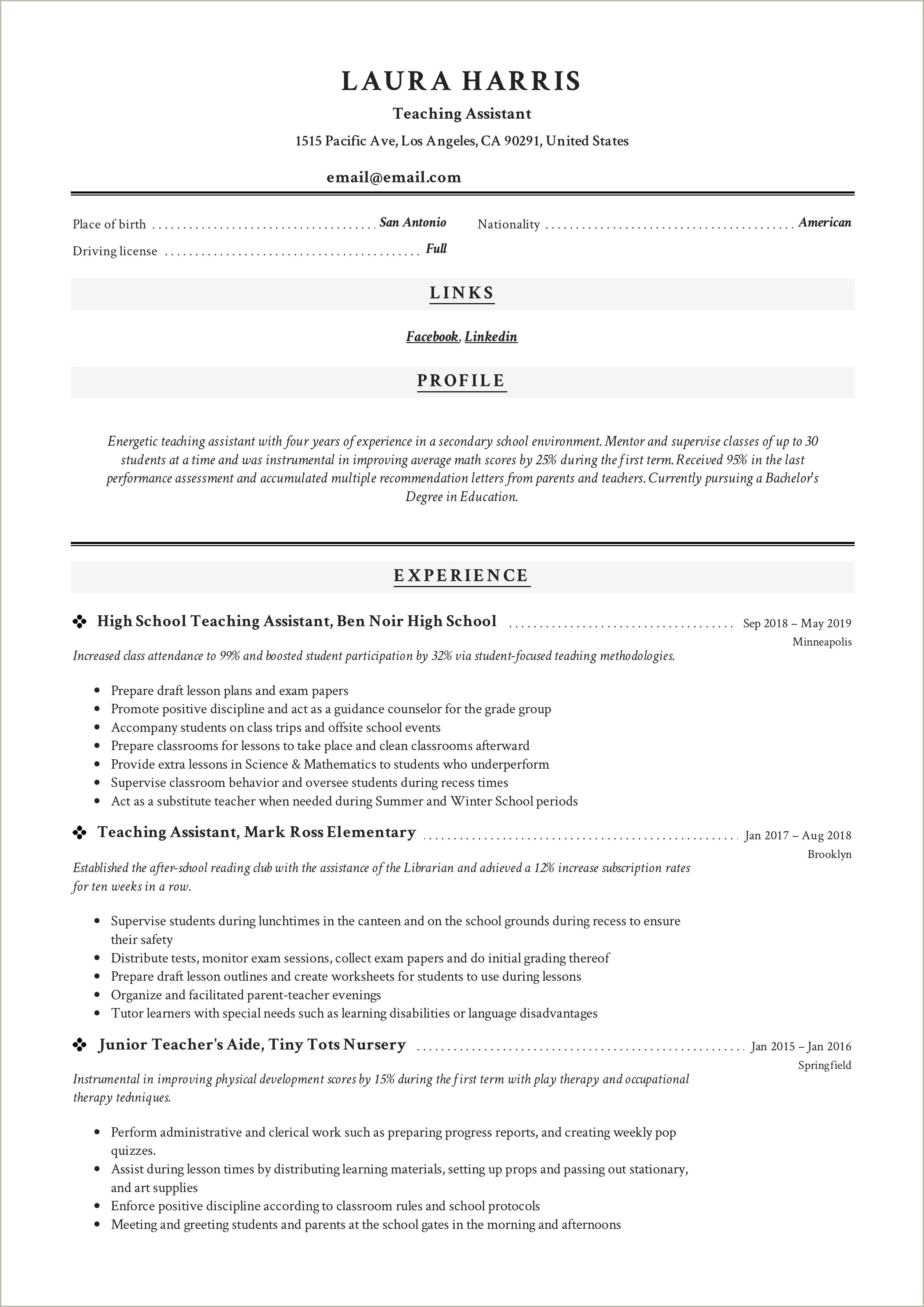 Free Sample Resume For Teacher Assistant