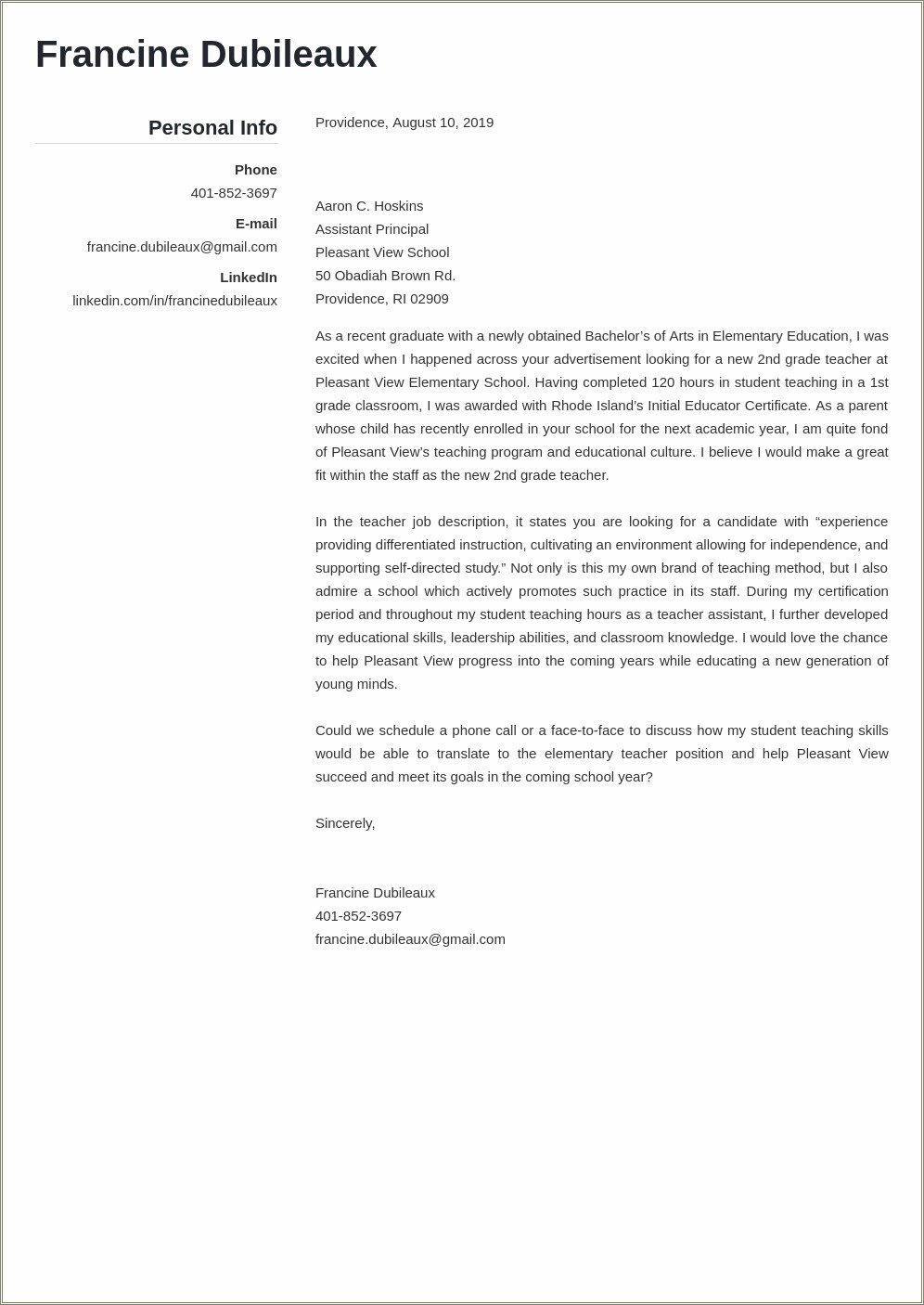 Free Sample Teacher Resume Cover Letter