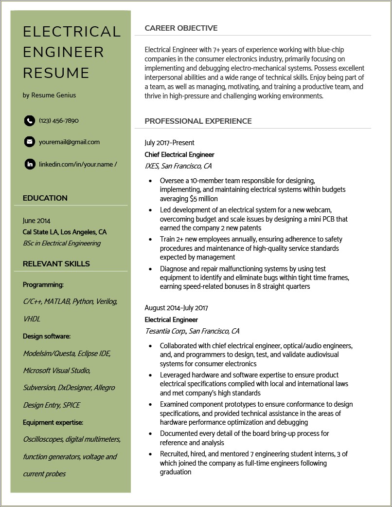 Free Samples Of Resumes For Engineering Technician