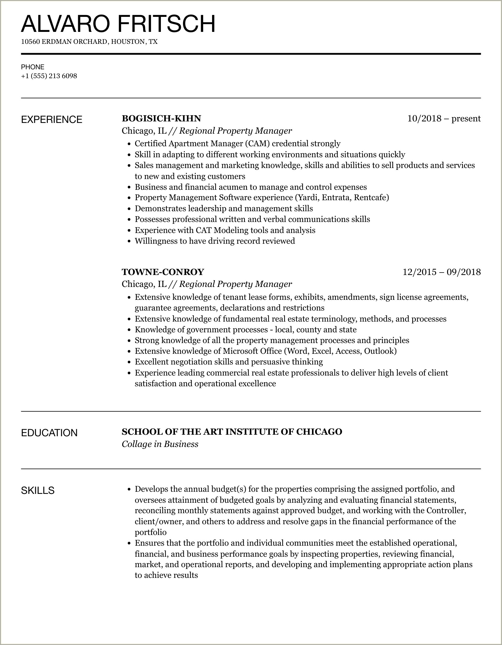 Free Templates Resume For Property Manager
