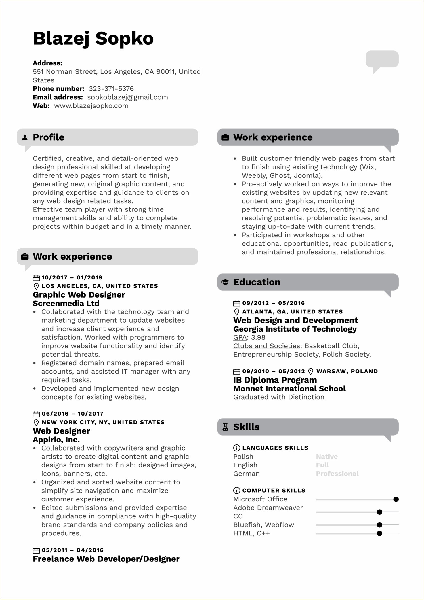 Freelance Web Project Manager Resume Example