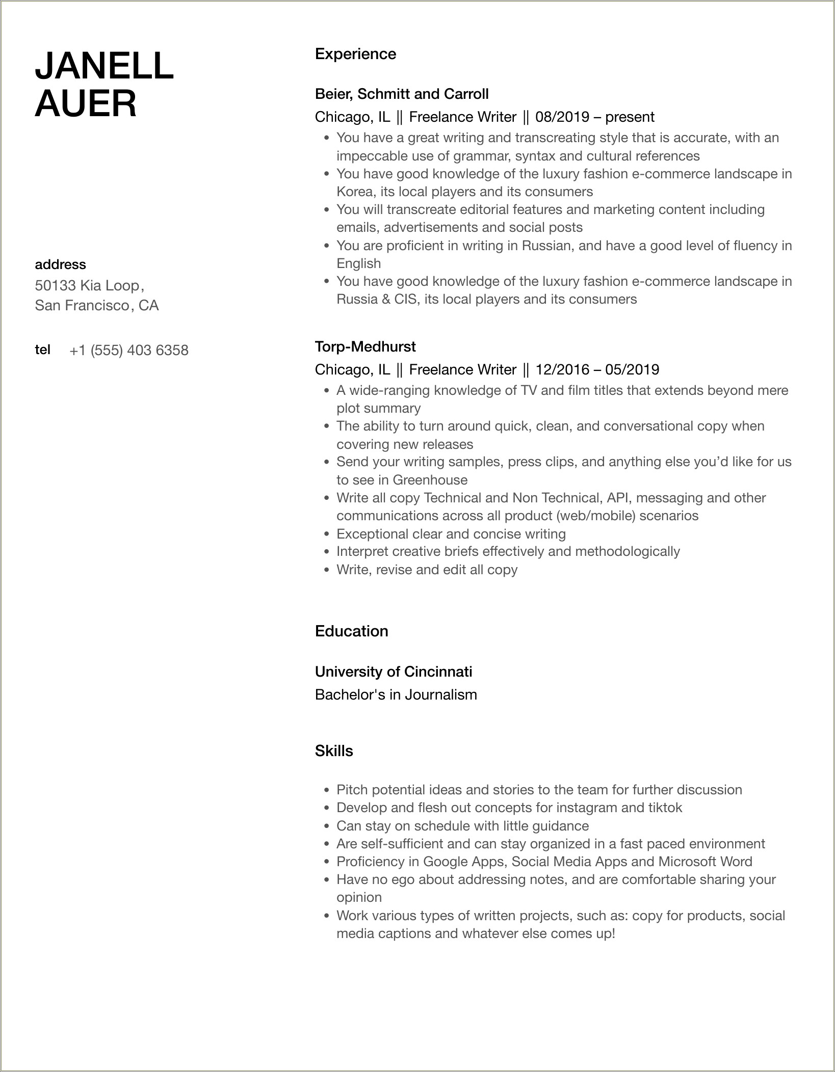 Freelance Writer Resume With No Experience