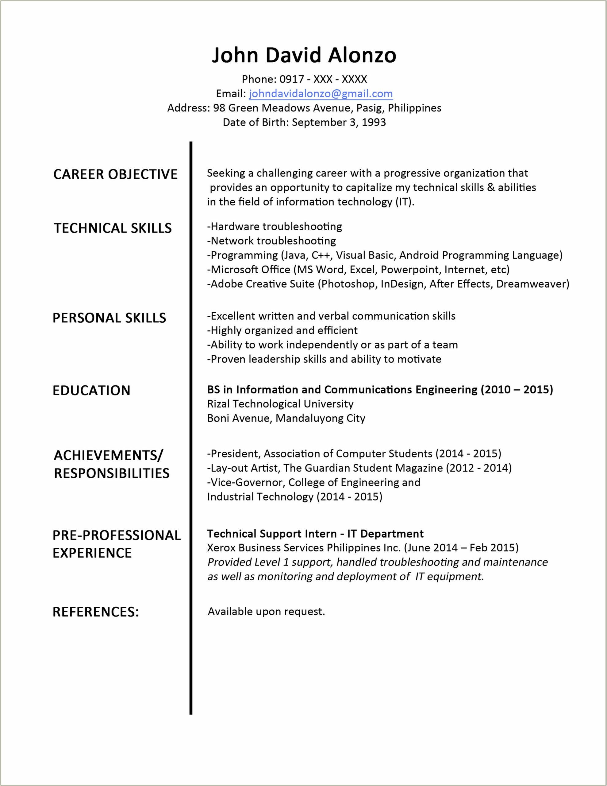 Fresh Graduate Of Medtech Resume Sample