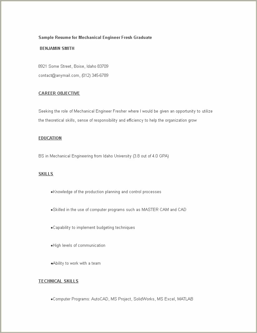 Fresher Mechanical Engineer Resume Sample Doc