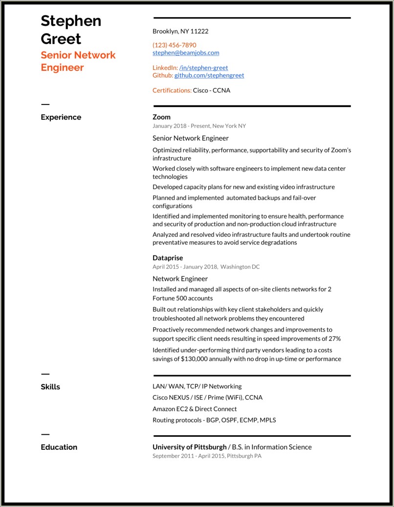 Fresher Resume Sample For Networking Engineer