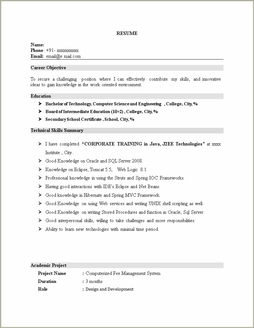 Fresher Resume Samples For Java Developer