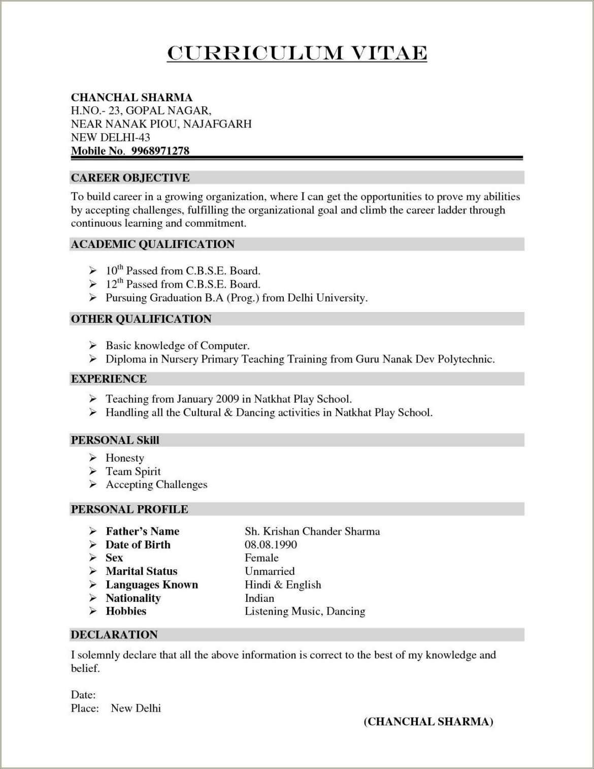 Fresher School Teacher Resume Format Doc