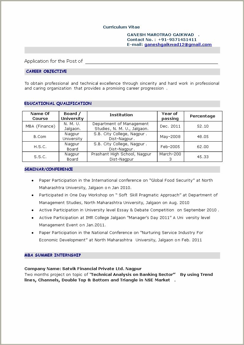 Freshers Resume Format In Word Document
