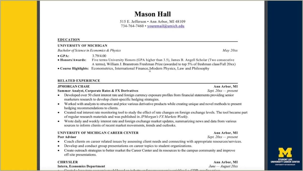 Freshman Resume For On Campus Job