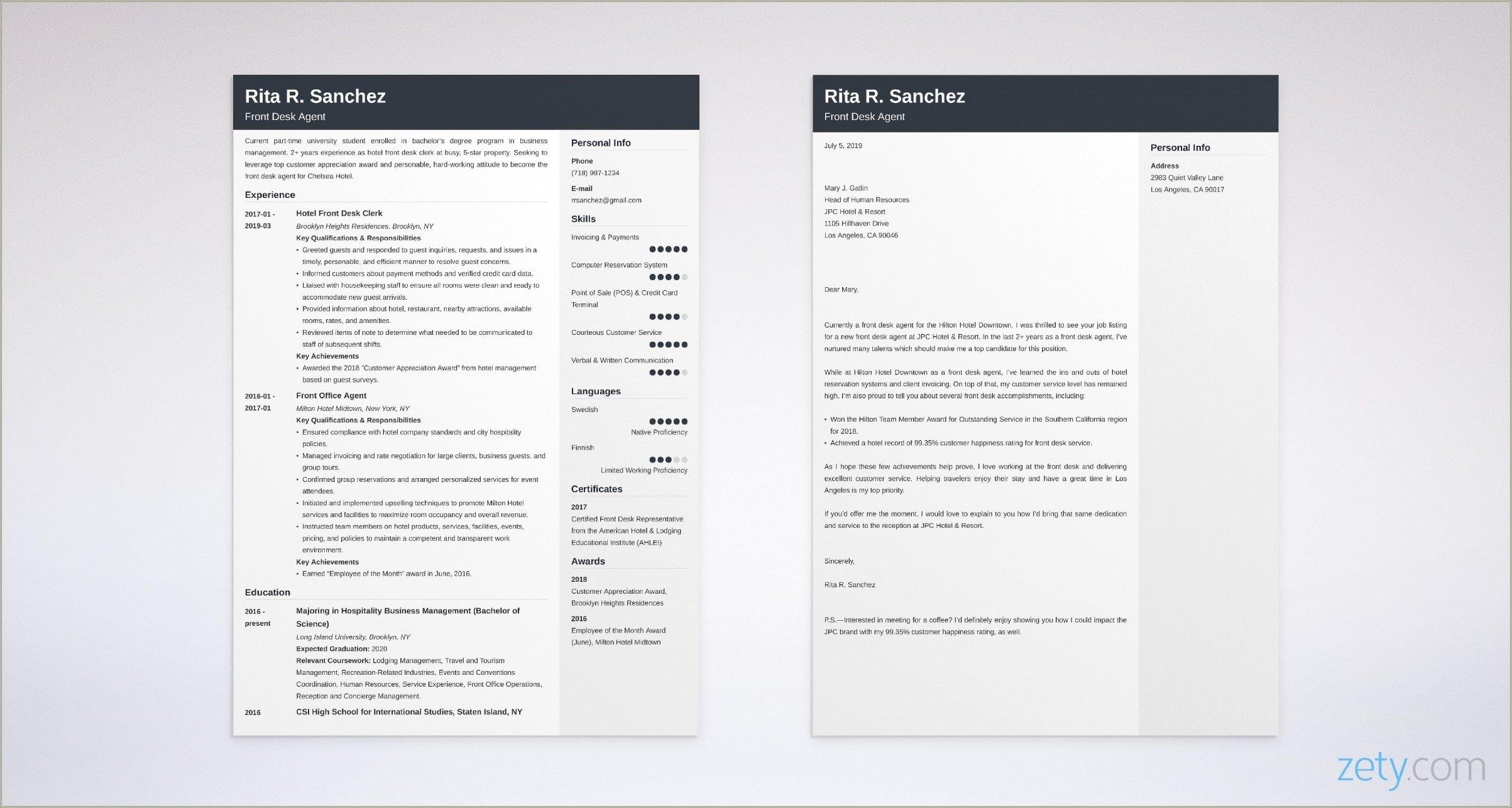 Front Desk Clerk Cover Letter Resume