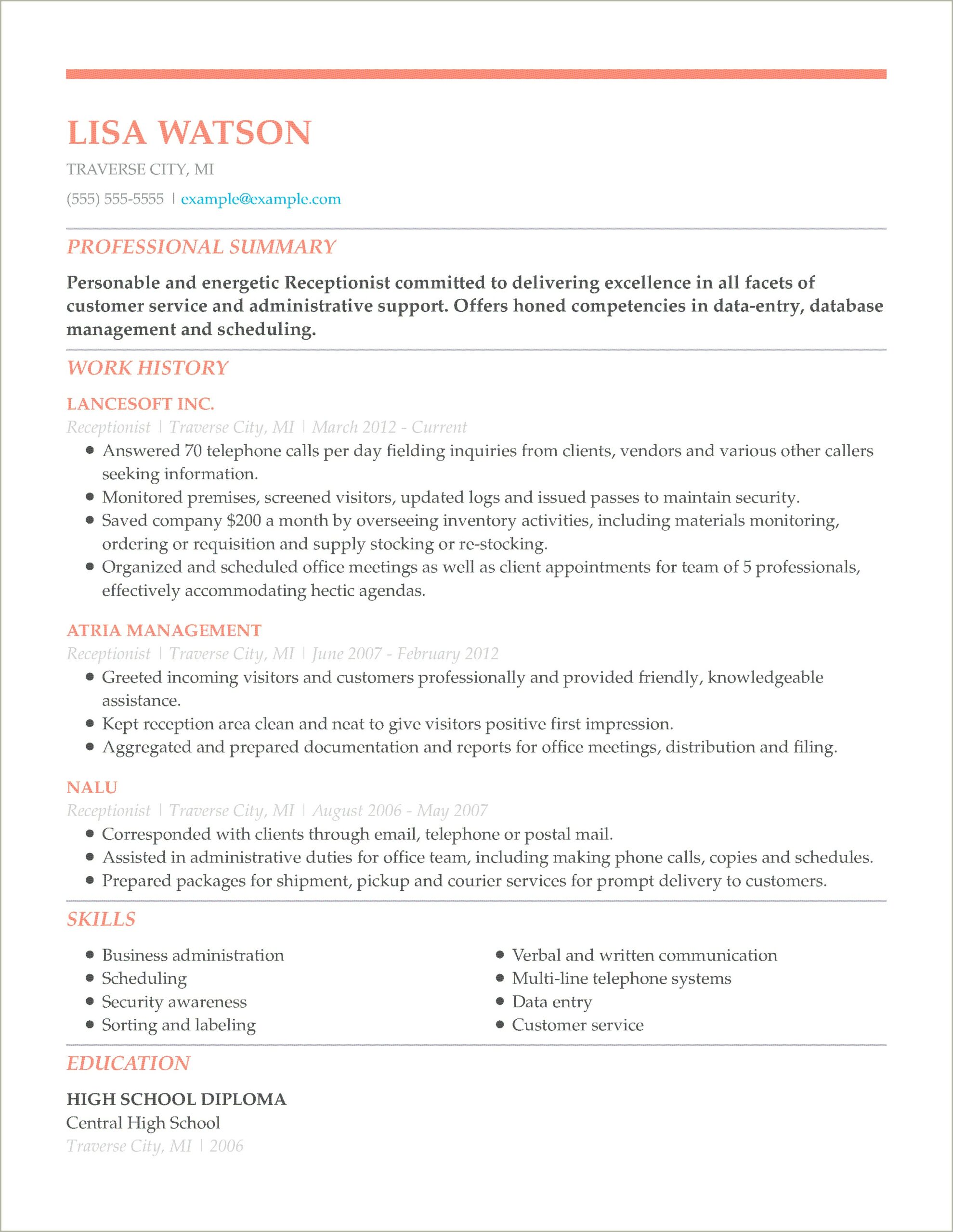 Front Desk Management Summary Example For A Resume