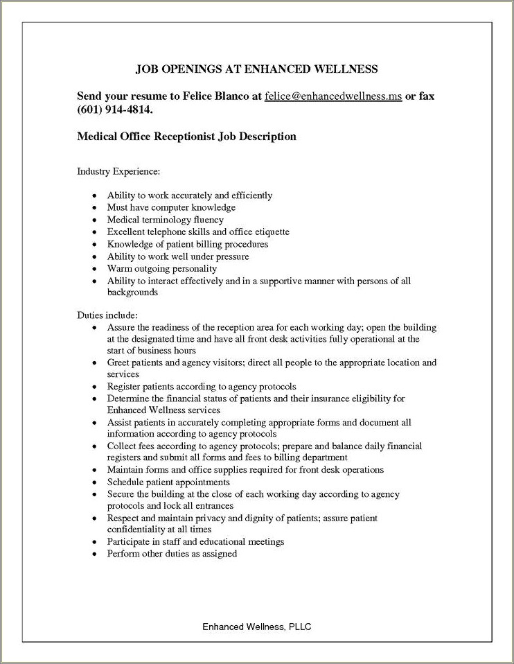 Front Desk Medical Receptionist Job Description For Resume