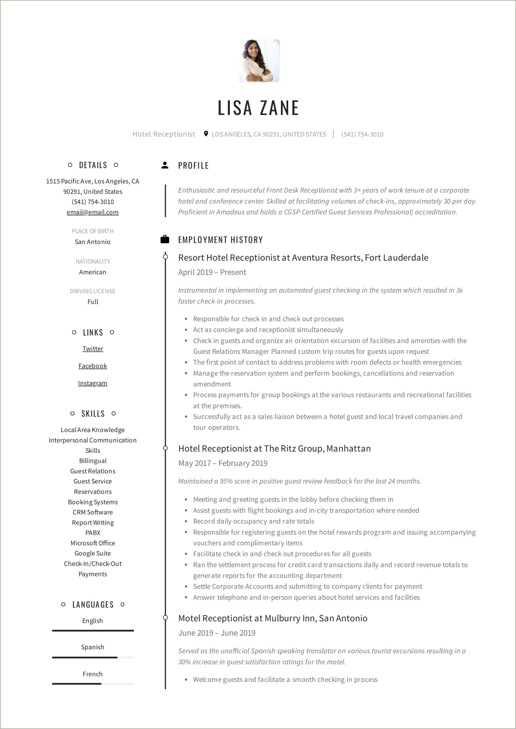 Front Desk Officer Job Description For Resume