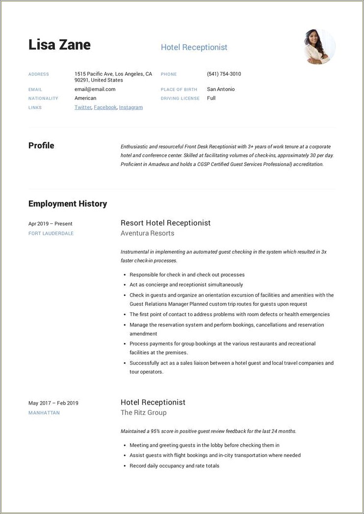 Front Desk Receptionist Example Resume Doc