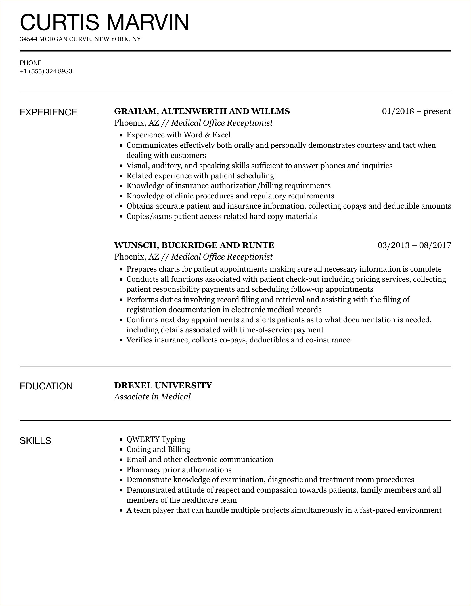 Front Desk Receptionist Resume Sample With No Experience