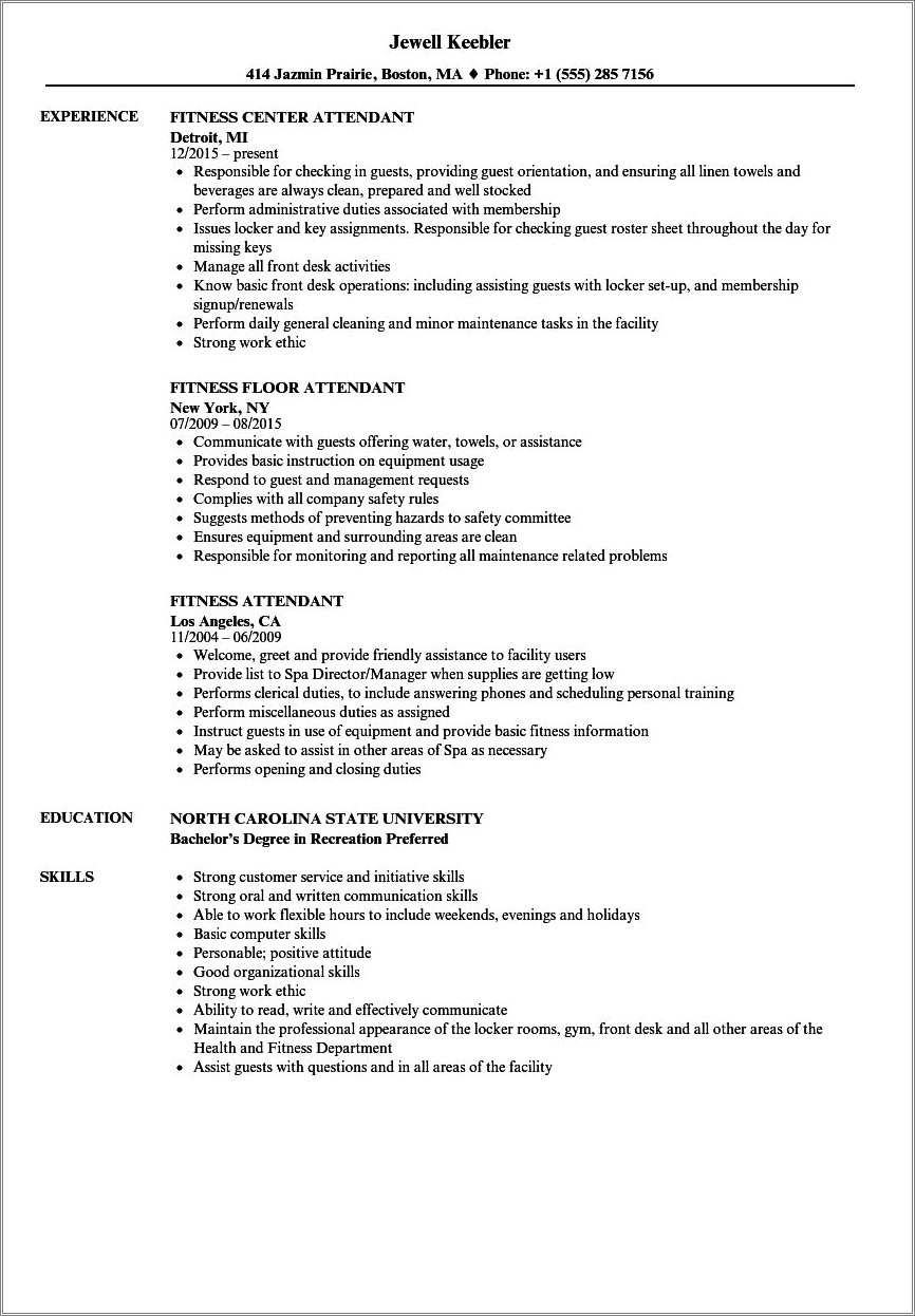 Front Desk Resume Experience At A Gym