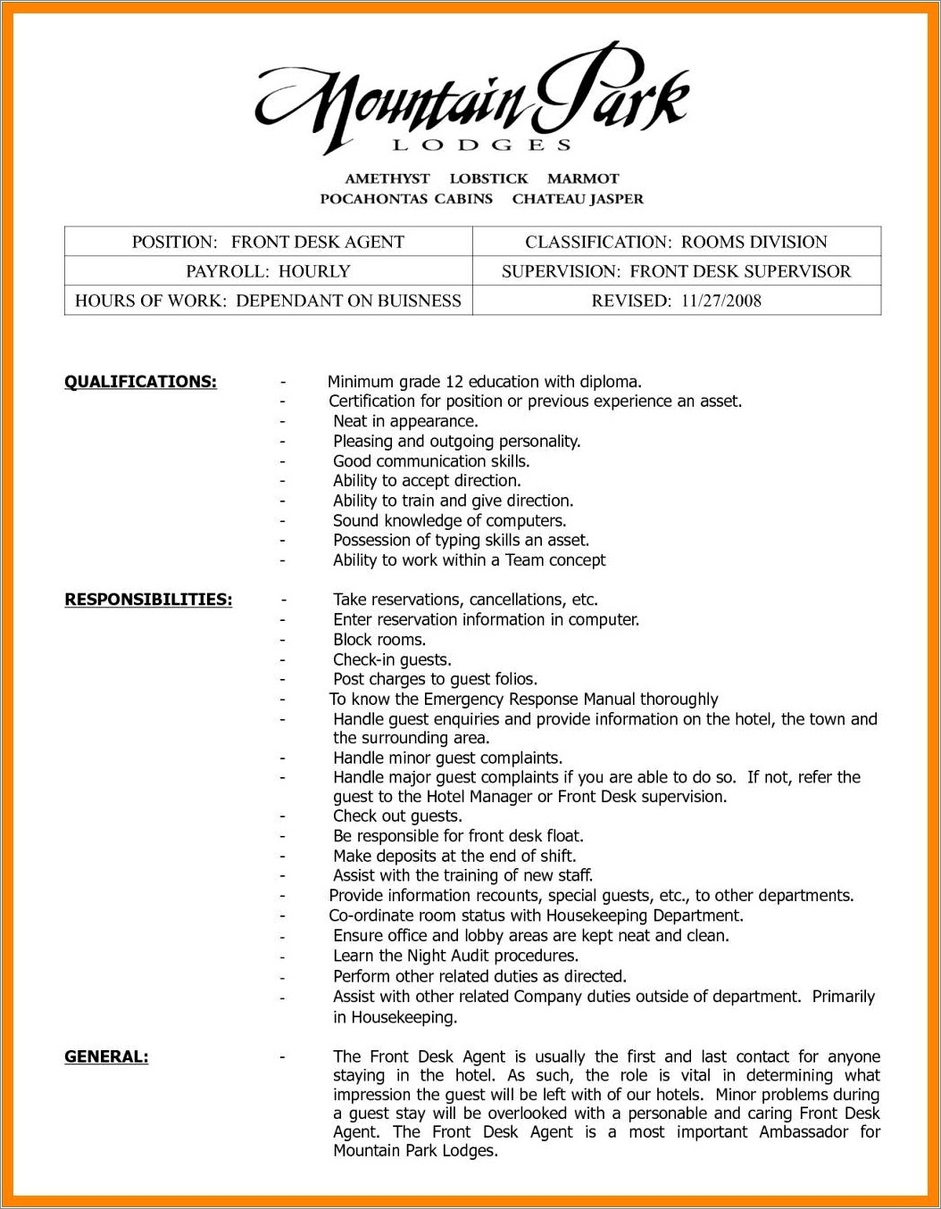 Front Desk Worker Job Description Resume