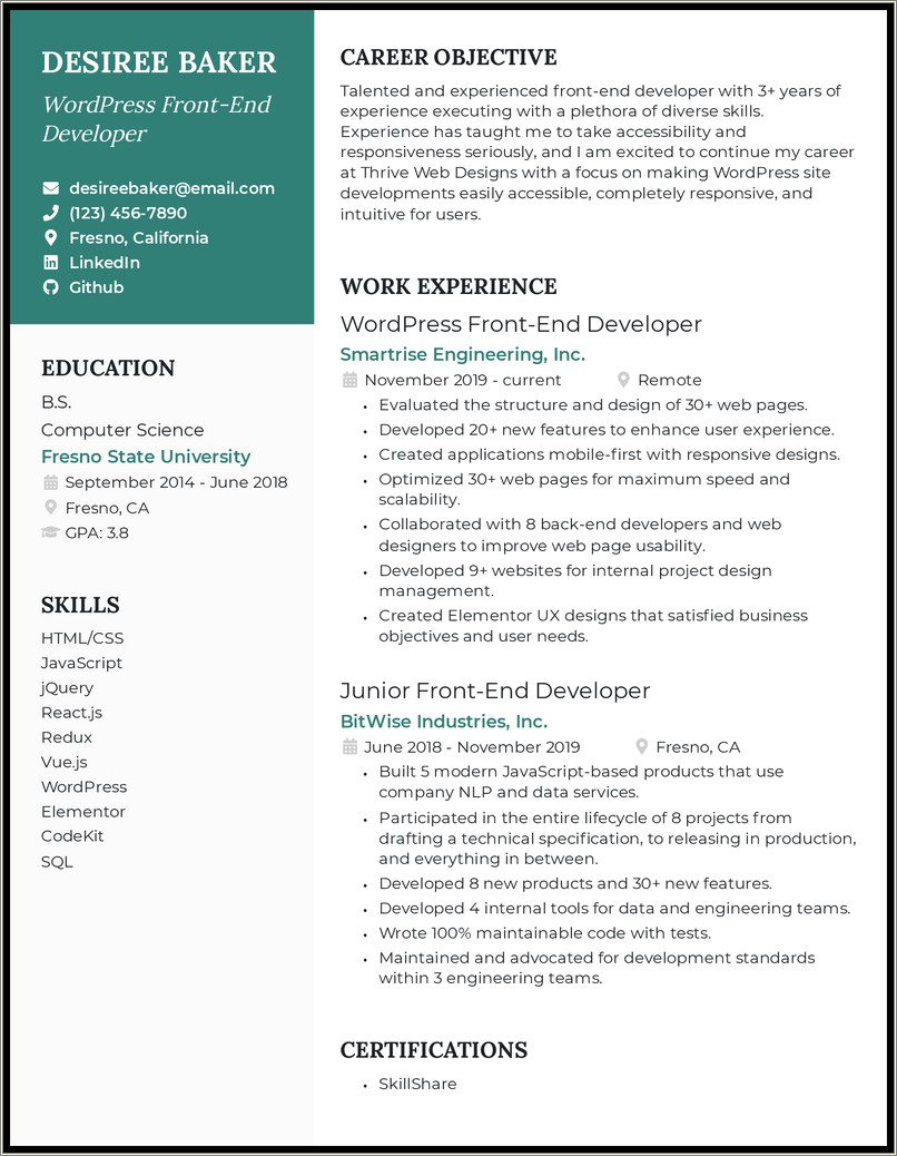 Front End Dev Summary Samples For Resume