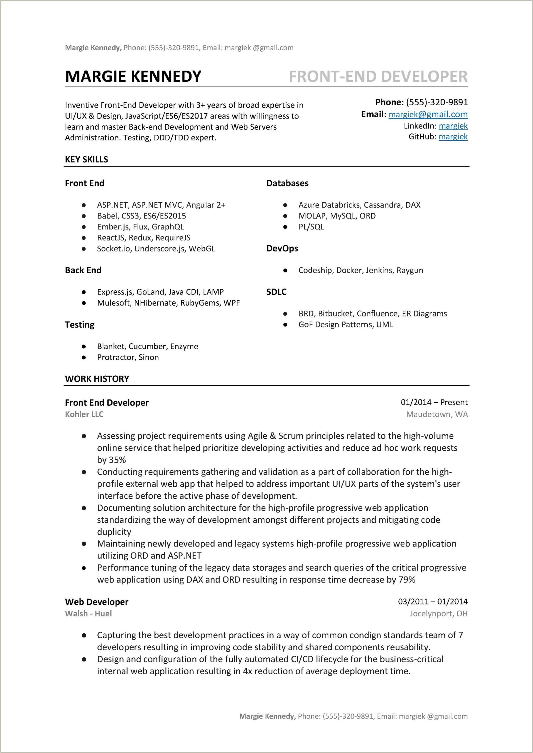 Front End Developer 1 Year Experience Resume