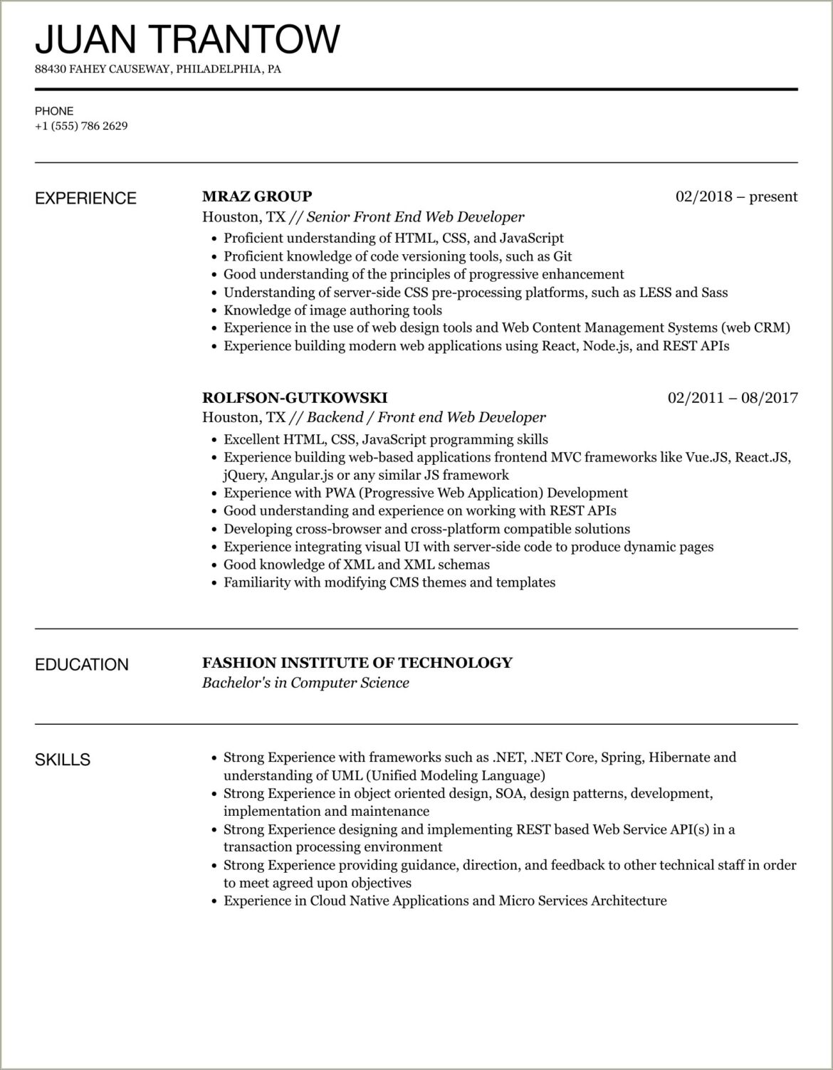 Front End Developer Ajax Job Resume