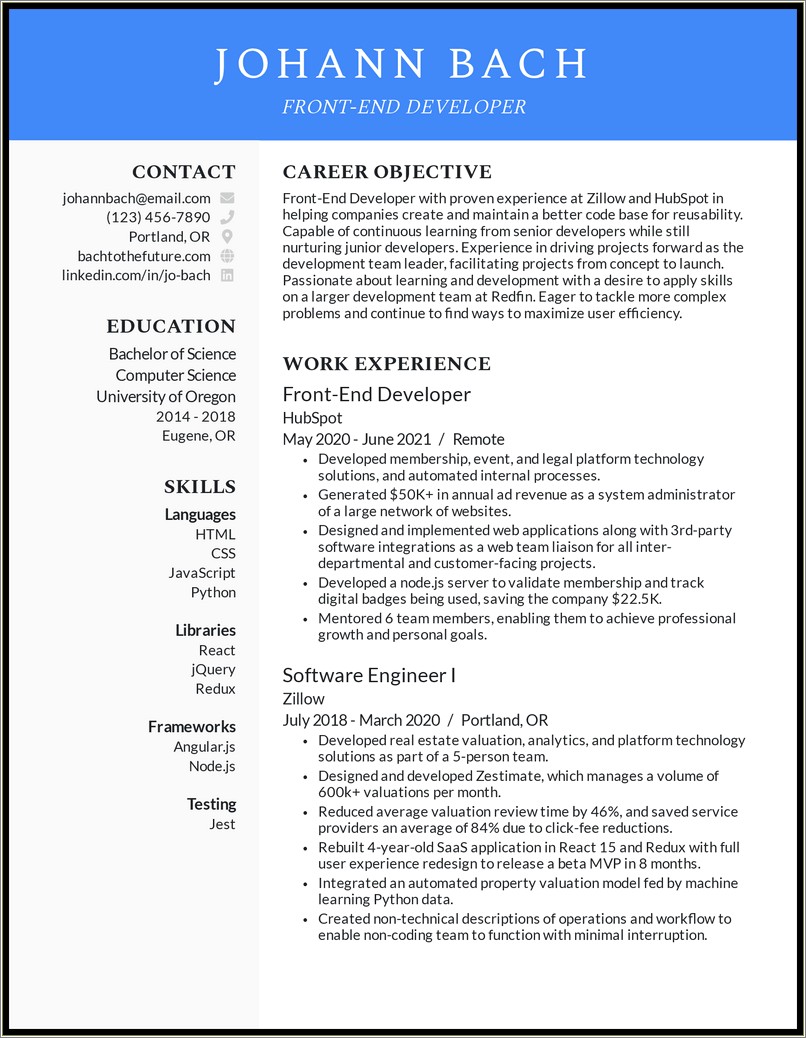 Front End Developer No Experience Resume