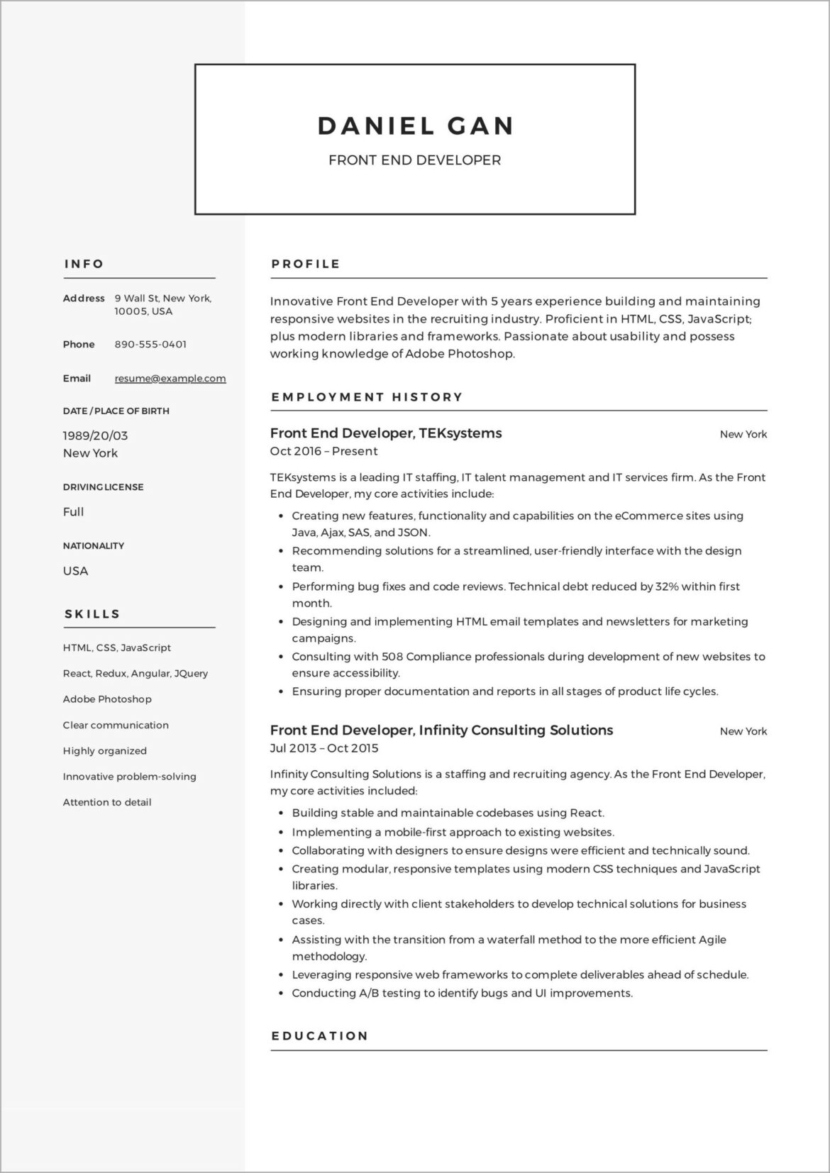 Front End Developer Position Description In Resume