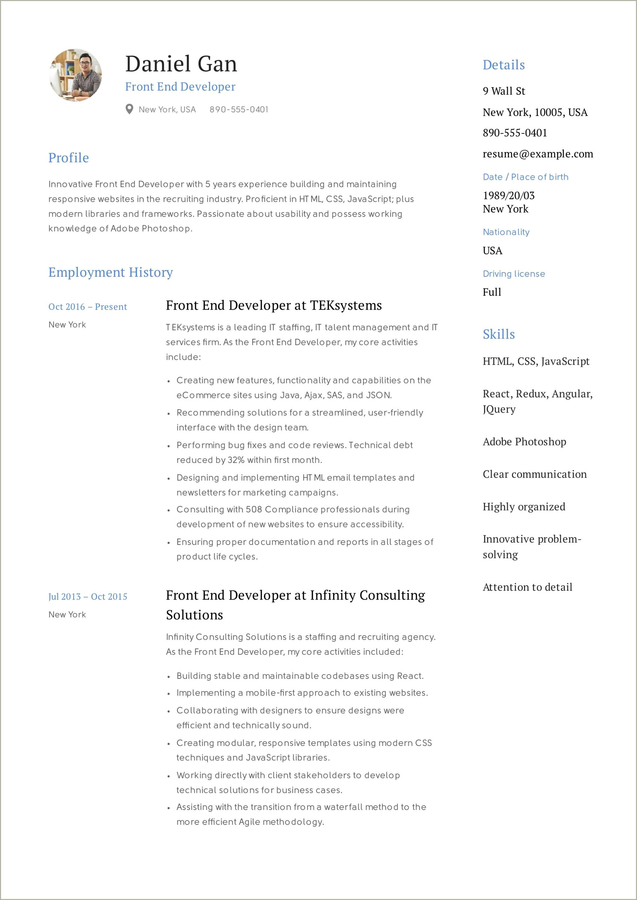 Front End Developer Resume Free Download