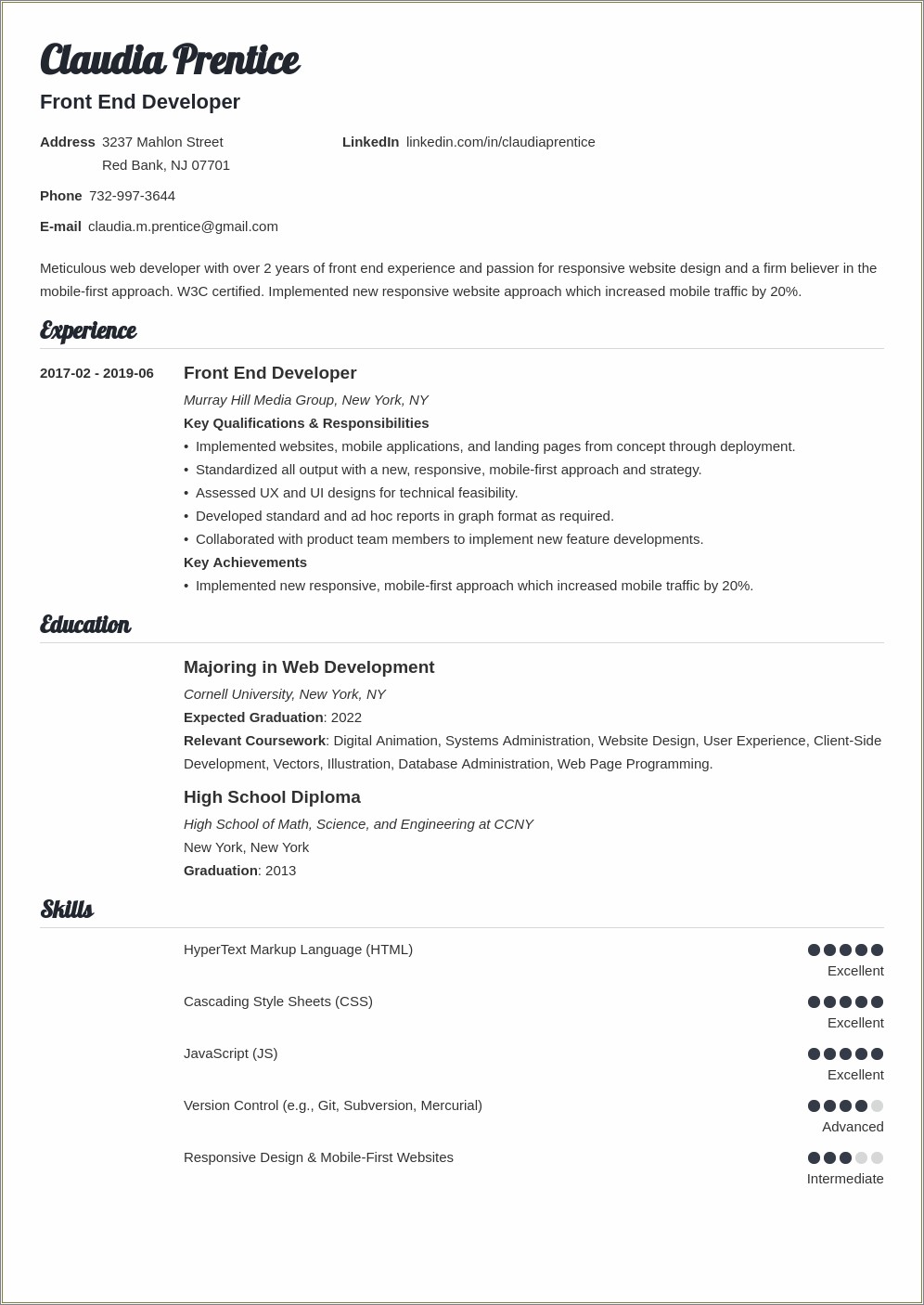 Front End Developer Resume Fresh Out Of School