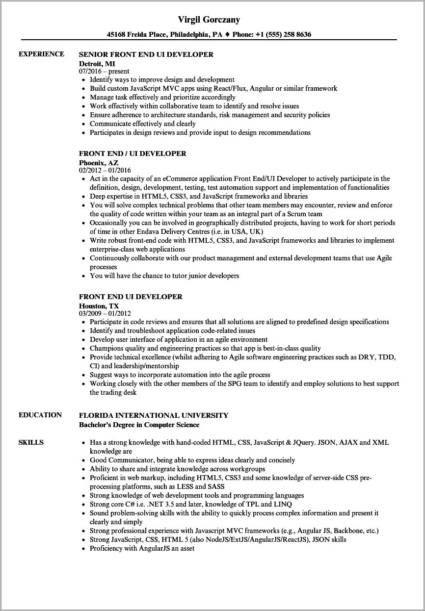 Front End Manager Description For Resume