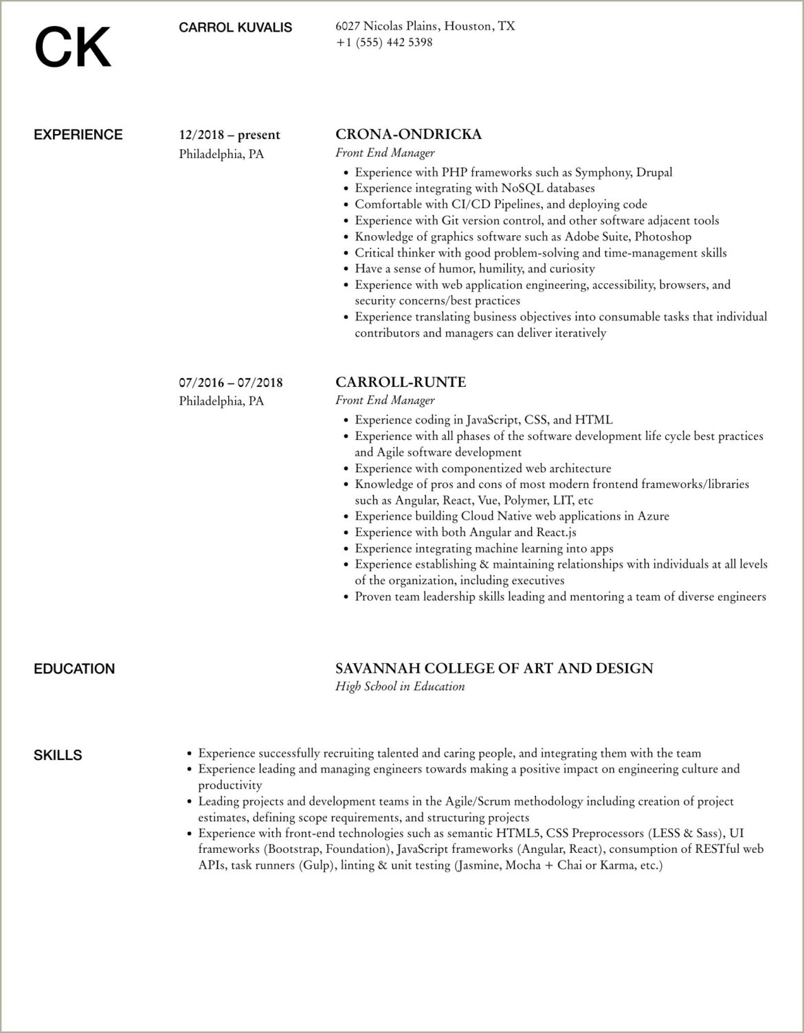 Front End Manager Resume Trackid Sp 006