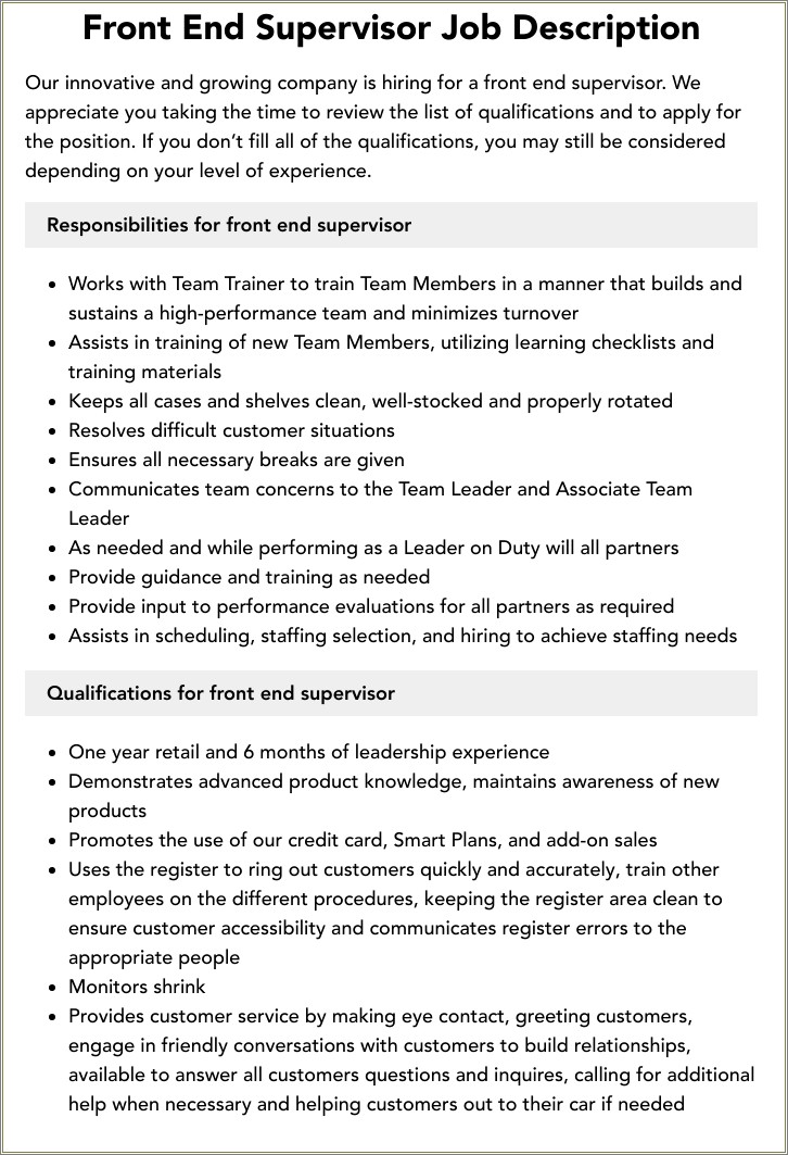 Front End Supervisor Job Description Resume