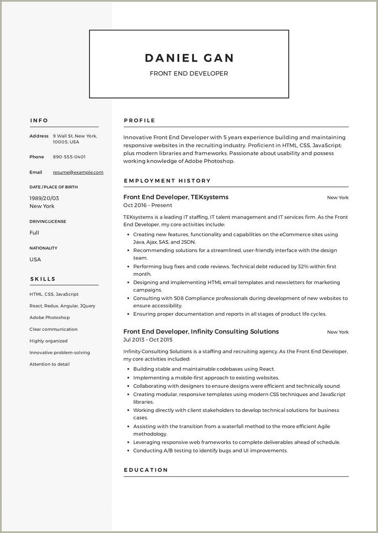 Front End Web Developer Resume Sample