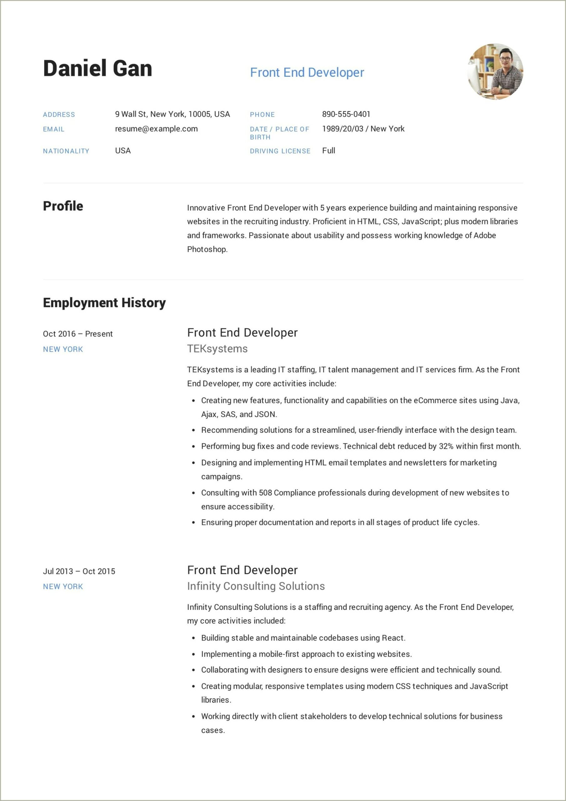 Front End Web Developer Resume Summary