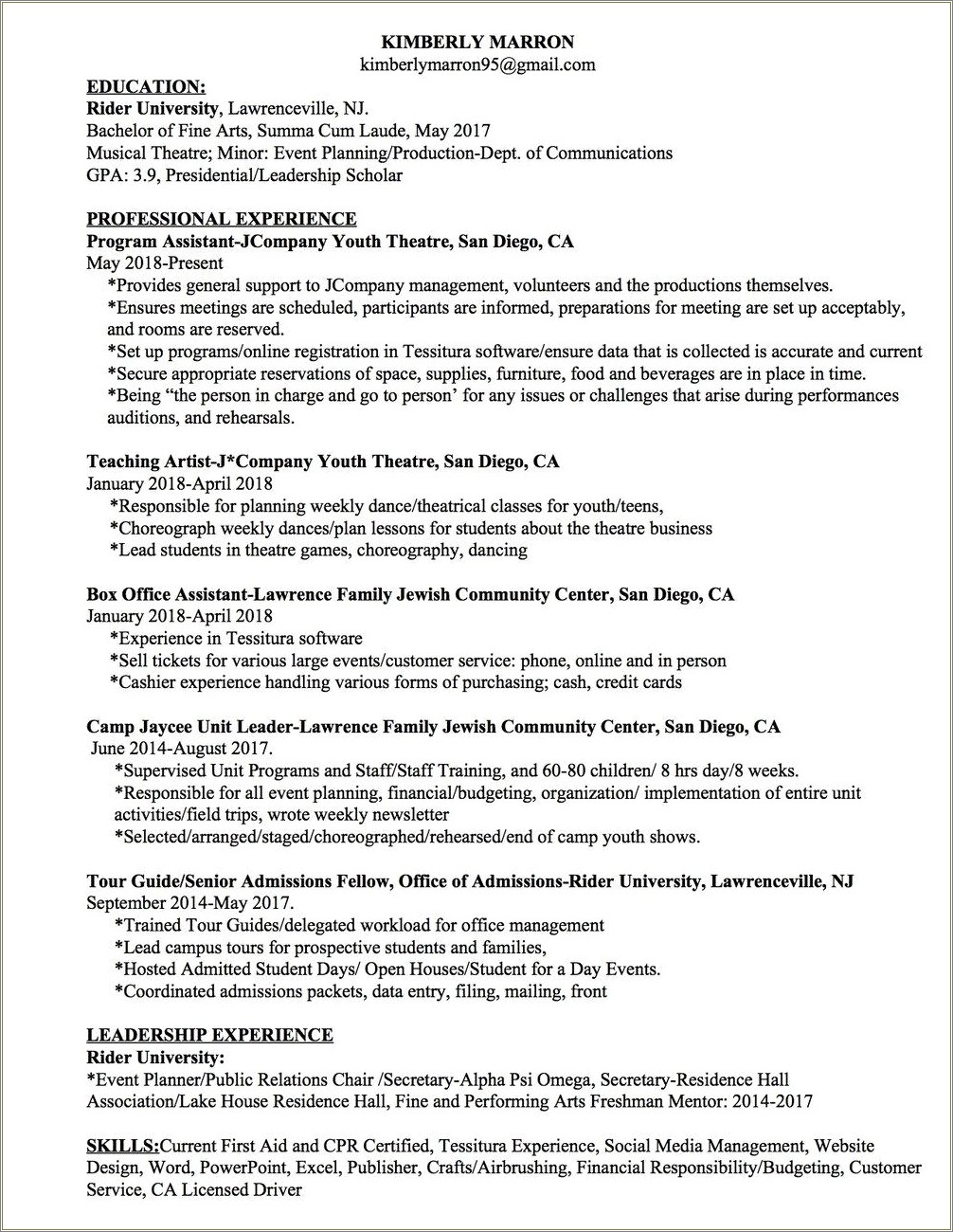 Front Of House Management Theatre Resume