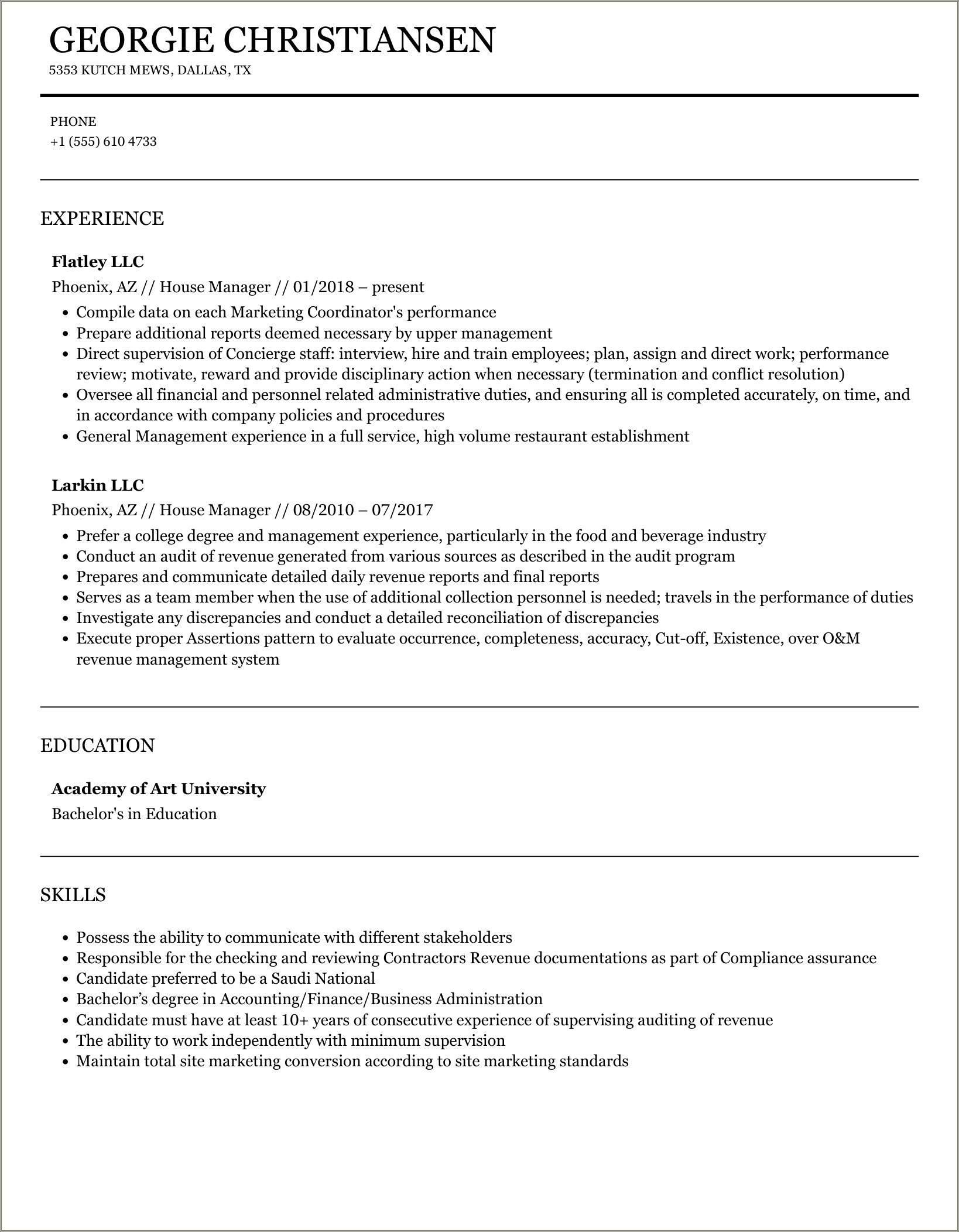 Front Of House Manager Job Description Resume