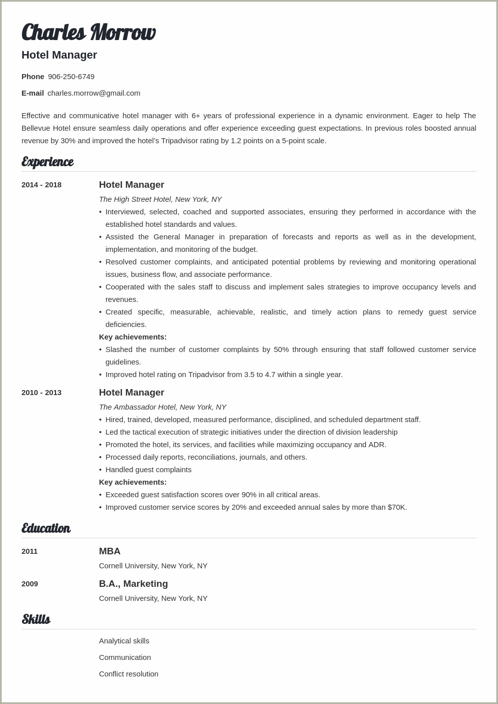 Front Of The House Manager Job Title Resume