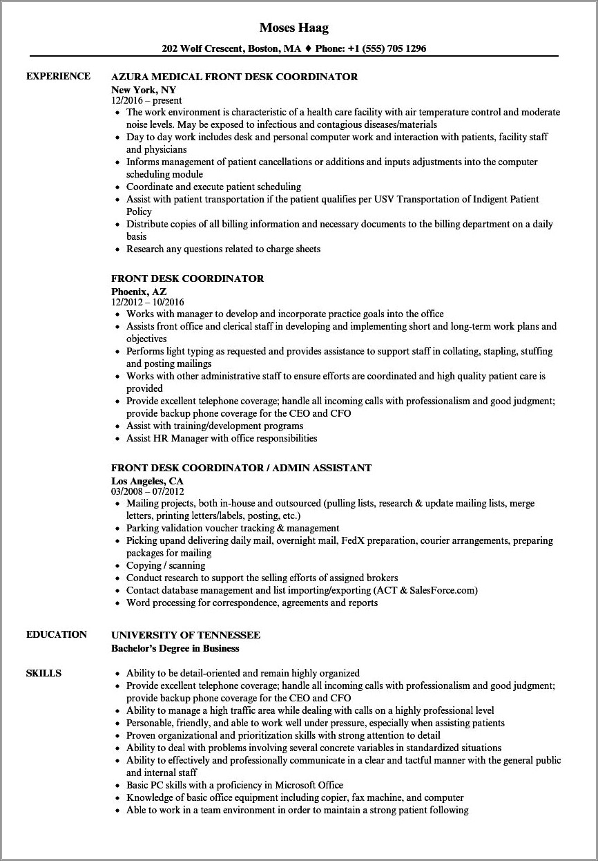 Front Office Coordinator Job Description For Resume