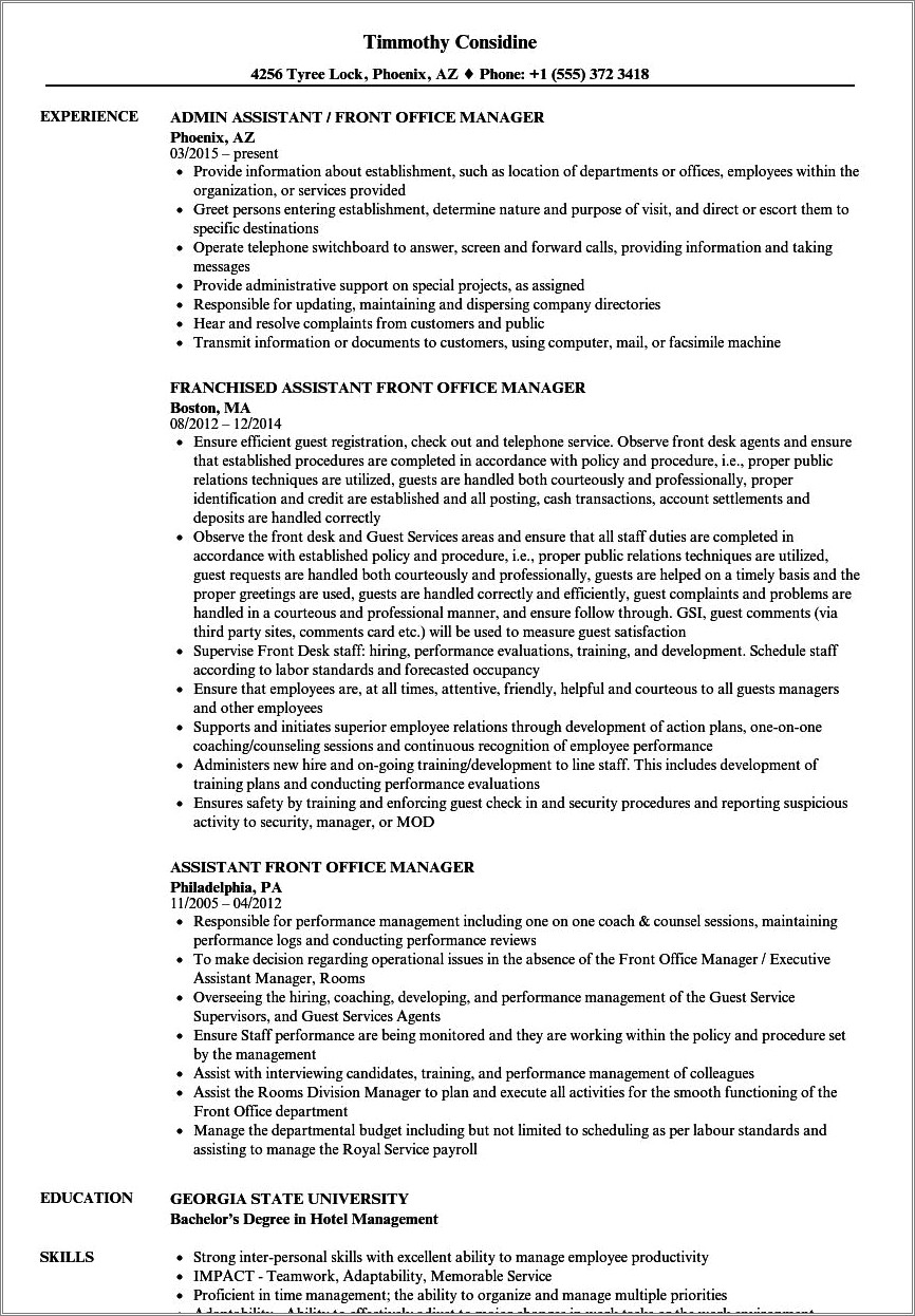 Front Office Manager Job Resume Sample