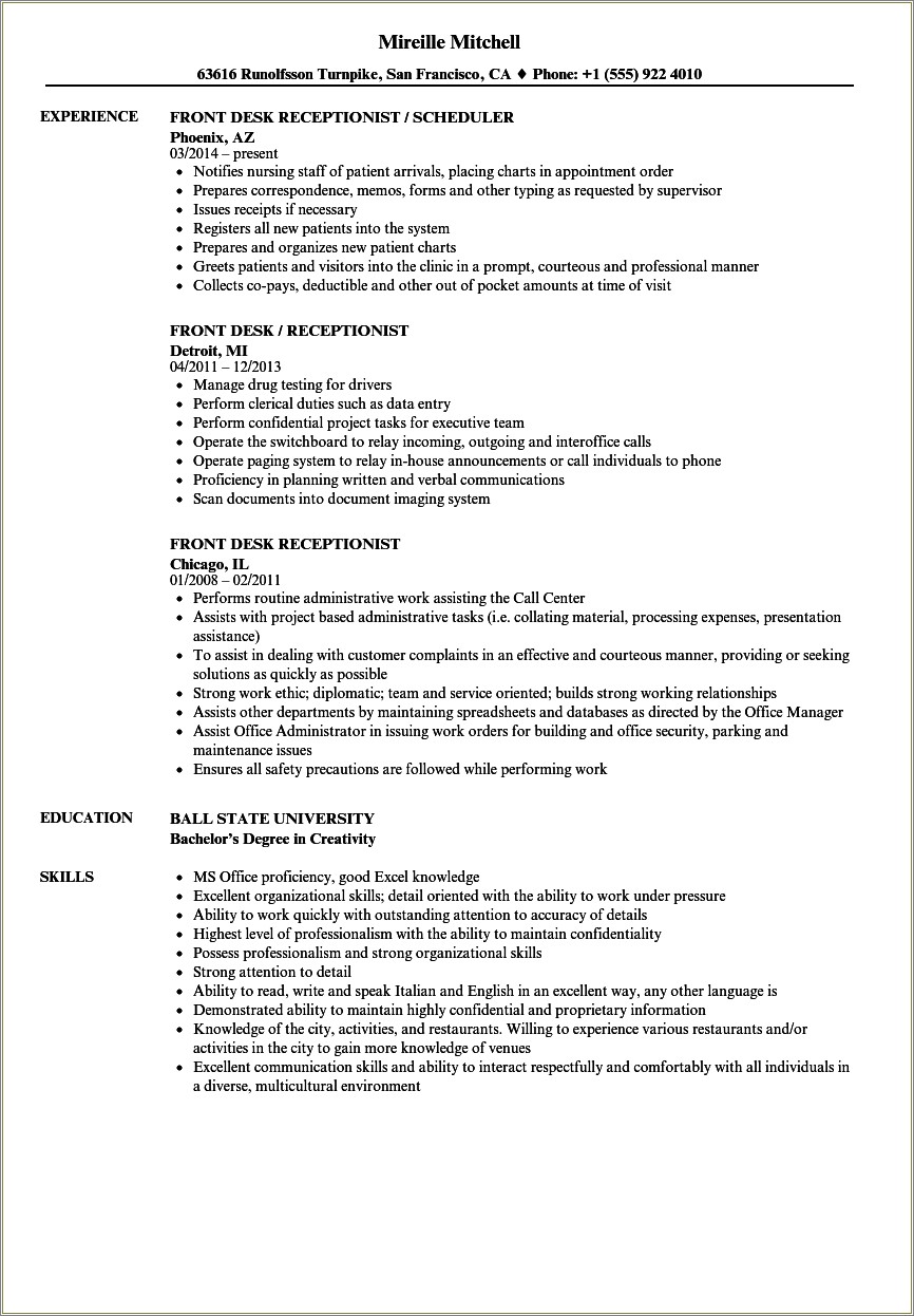 Front Office Receptionist Job Description Resume