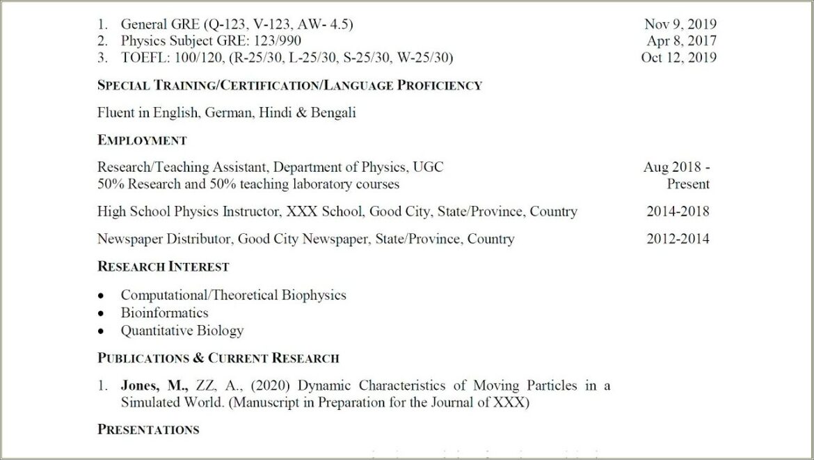 Full Address Resume For Grad School